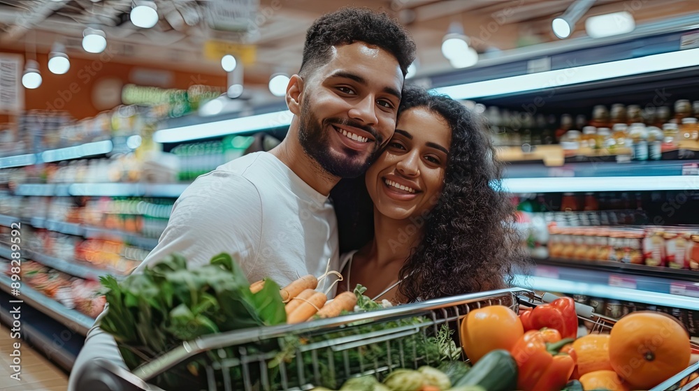 Poster a couple with wide smiles, posing in a supermarket with a shopping cart packed with groceries and lo