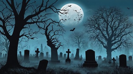 The Graveyard Halloween night scene with the moon and bats, Generative AI
