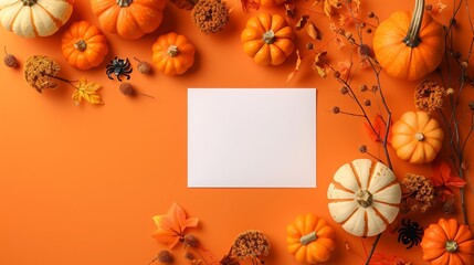 Fototapeta premium Blank white card surrounded by pumpkins, bats, and spiders on an orange background, with space for text