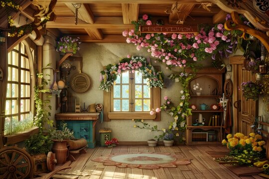 Fairy Tale Cottage. Quaint wooden beams, blooming flowers, and whimsical decorations. A blank, cozy cottage interior, evoking the charm and magic of a fairy tale