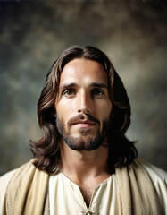 Fototapeta premium Portrait of a Man Dressed as Jesus. White robe. Long brown hair and beard. Man appears to be in his early 30s, and he has a serious expression on his face. Christian religion and faith. AI