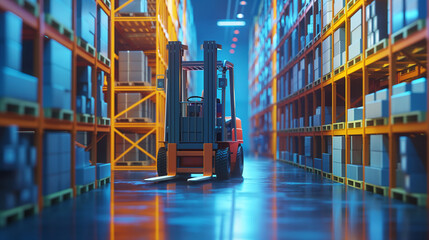 Automated forklift guided by artificial intelligence handling storage tasks in a modern warehouse, illustrating advanced industrial logistics