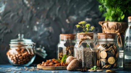 Fototapeta premium Jars with seeds, nuts, and coins on a rustic table