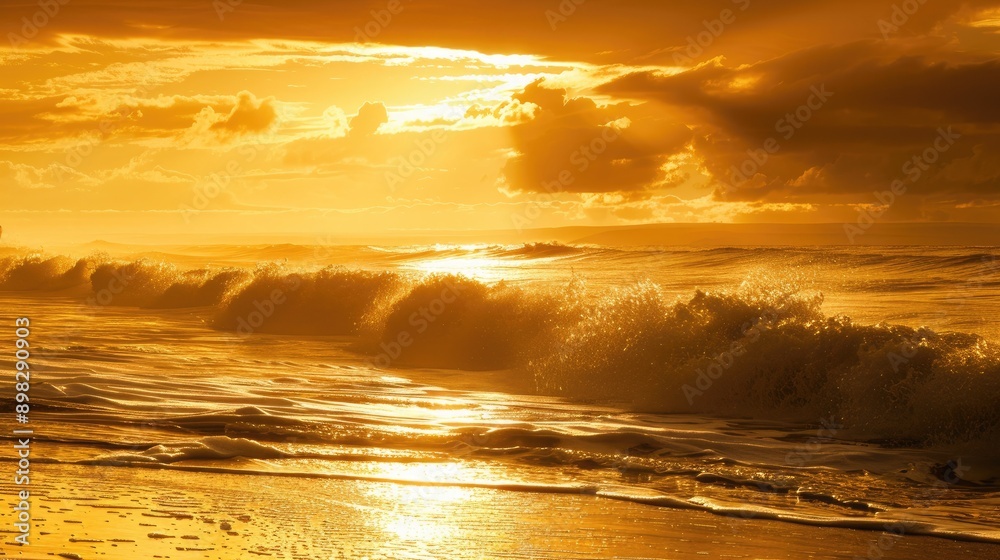 Poster a golden sunrise on the beach, with the waves catching the light and creating a shimmering effect.
