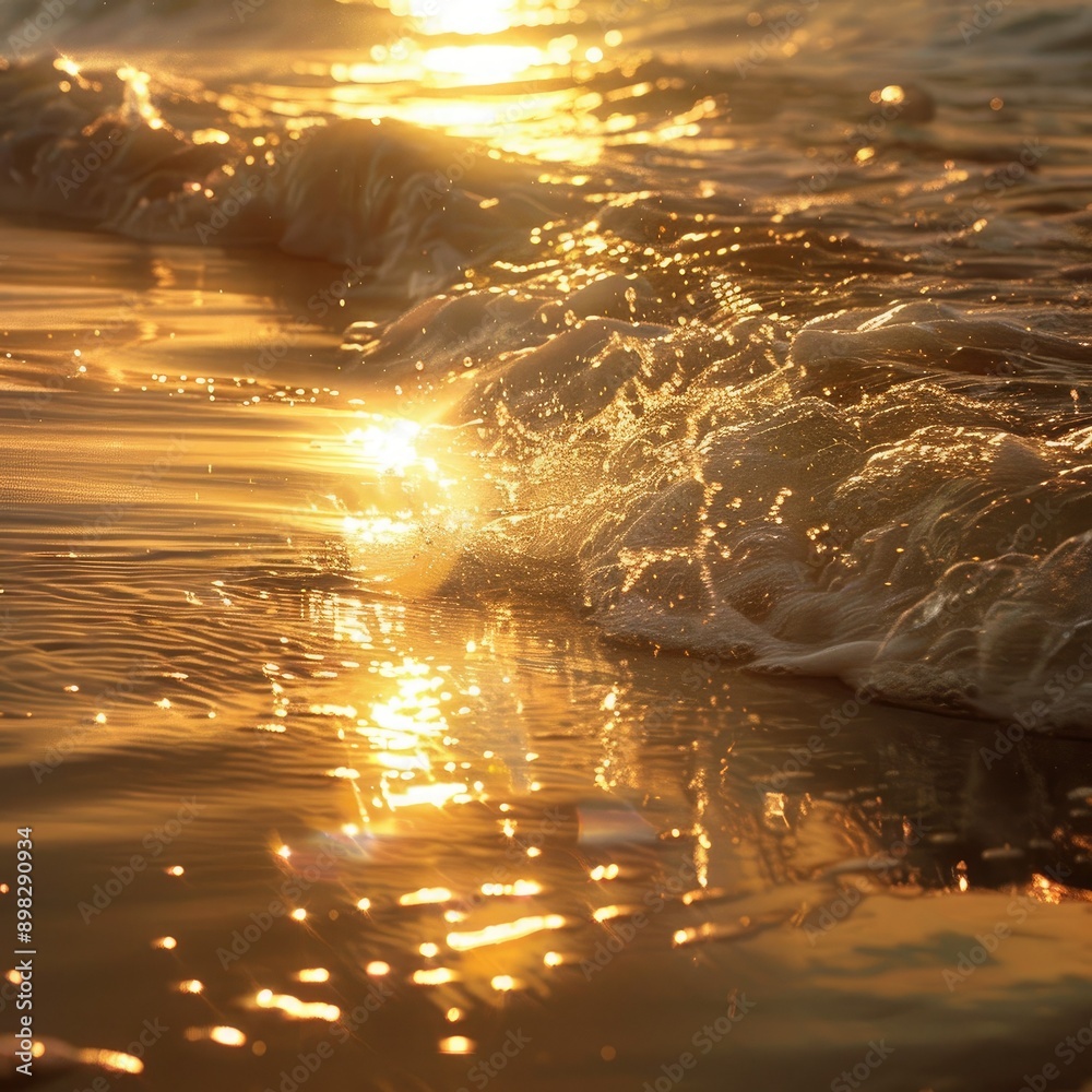 Poster a golden sunrise on the beach, with the waves catching the light and creating a shimmering effect.