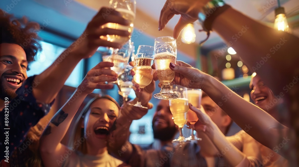 Poster A group of people raising glasses in a toast at a networking event. 