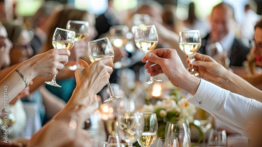 Poster A group of people raising glasses in a toast at a networking event. 