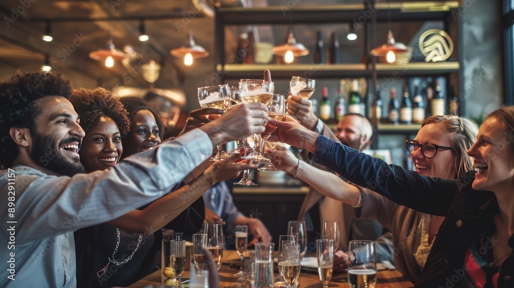Poster A group of people raising glasses in a toast at a networking event. 