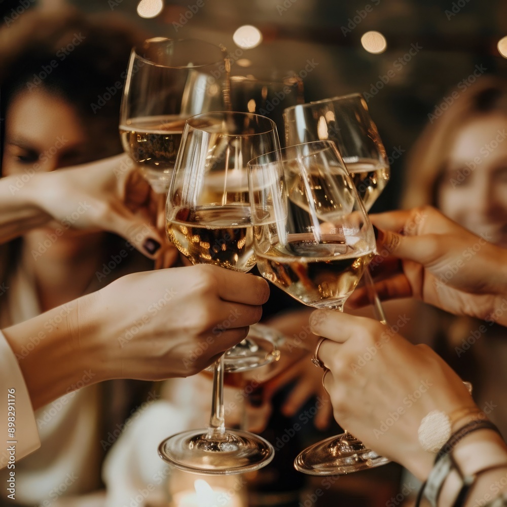 Poster A group of people raising glasses in a toast at a networking event.
