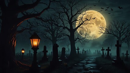 Halloween background with pumpkin and bats graveyard, Generative AI
