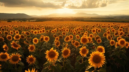 Obraz premium A vast sunflower field, inhabiting the heart of a meadow, framed by mountains in the distant landscape
