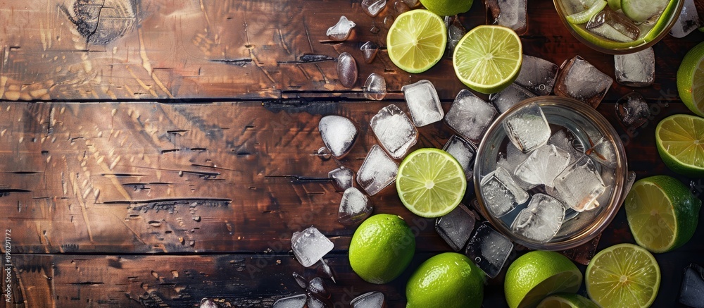 Fototapete a cocktail being made with ice limes in a glass on a wooden table viewed from the top with space ava