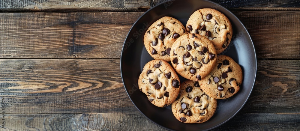 Poster A black plate with chocolate chip cookies on a wooden background seen from above with a clear area for additional images on the side