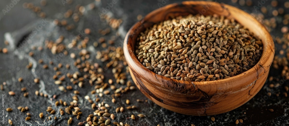 Aufkleber ajwain seeds closeup in a wooden bowl on a dark slate backdrop with room for more elements in the im