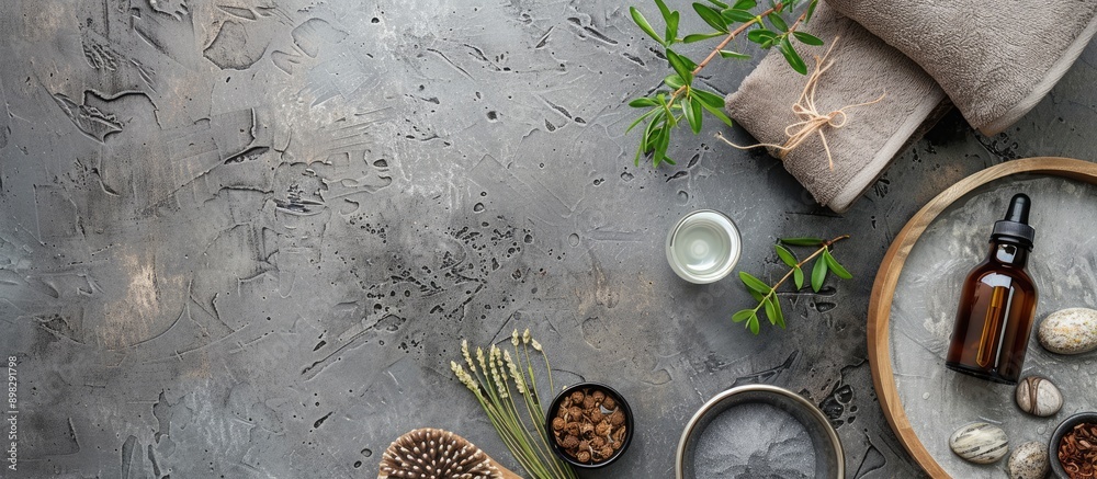 Poster Flat lay composition of a spa set massage product for aromatherapy on a concrete background with copy space image