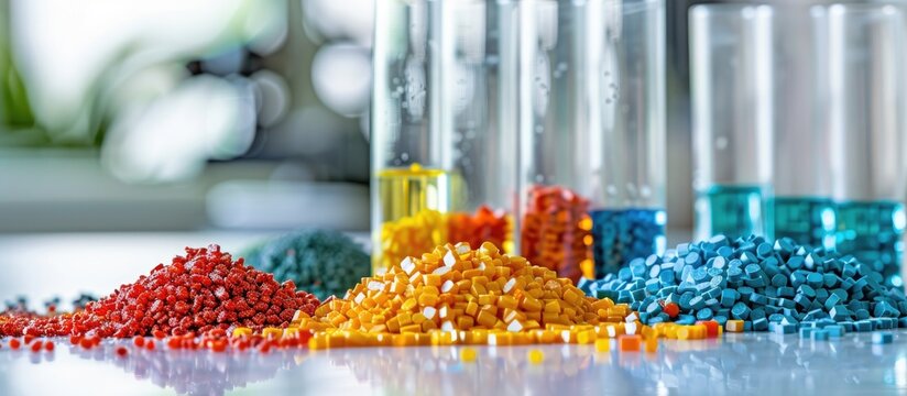 Colorful polypropylene and polyamide granules on white backdrop in plastics industry setting with glass lab equipment Copy space image available