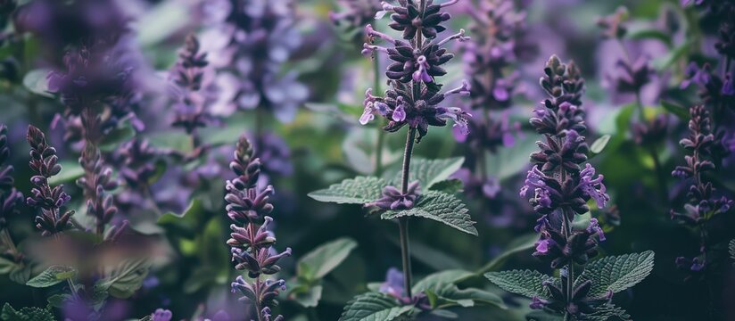 Bugleweed surrounded by purple flowers in a comment space image. Creative banner. Copyspace image