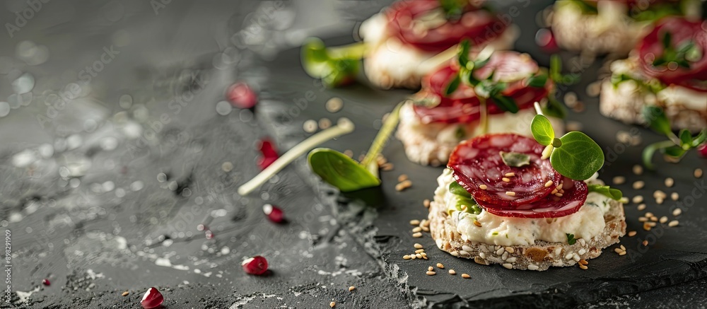 Poster delicious canapes with salami greens and cream cheese are presented on a gray table with copy space 