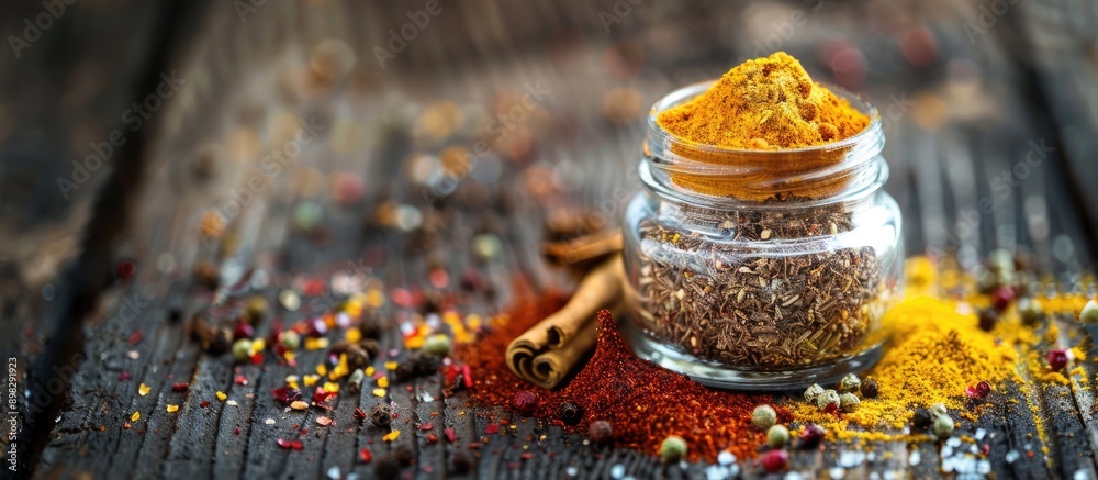 Poster Close up shot of mixed spices in a glass jar on a weathered board with space for text under dramatic lighting for an artistic effect Contains a copy space image