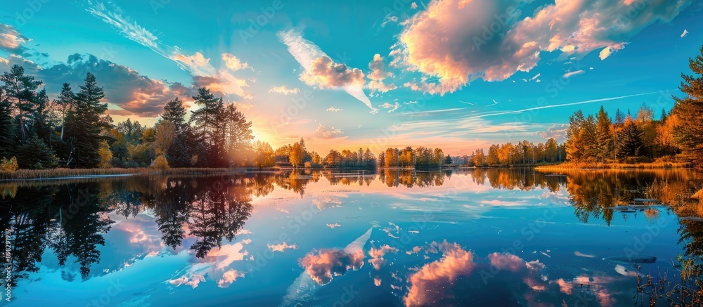 Poster beautiful sunset by the serene lake with trees and clouds mirrored on the glassy water against a viv