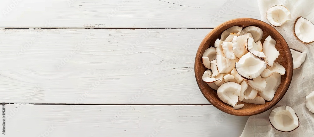 Poster Coconut slices arranged in a bowl on a white wooden table with a blank space for an image. Creative banner. Copyspace image