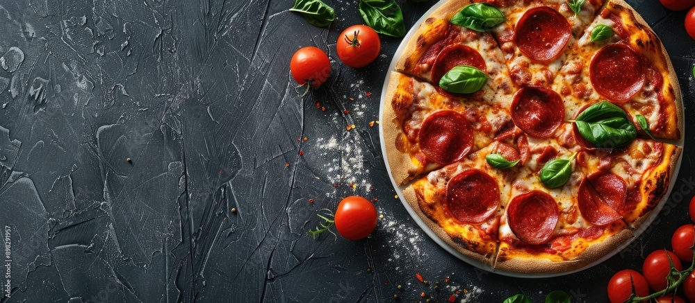 Poster delicious pepperoni pizza with fresh ingredients displayed on a black concrete backdrop top view sho