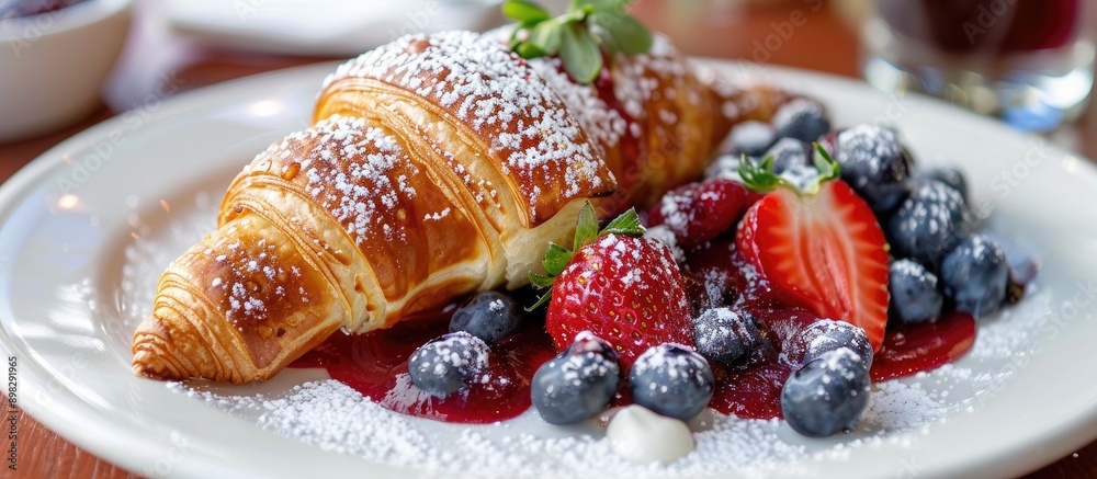 Poster close up of a croissant waffle known as a croffle garnished with strawberry and blueberry sauce on a