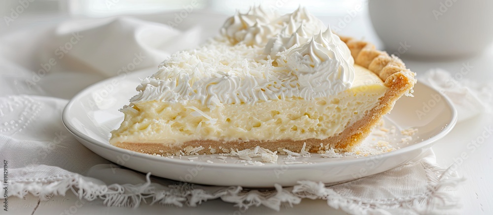 Poster Coconut cream pie displayed on a white plate with a light cloth napkin underneath in a setting suitable for a copy space image