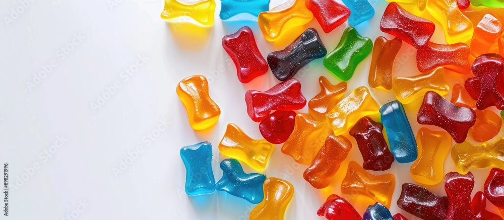 Poster Top view and close up photo of gummy candies featuring a bright and colorful arrangement on a white background with copy space image