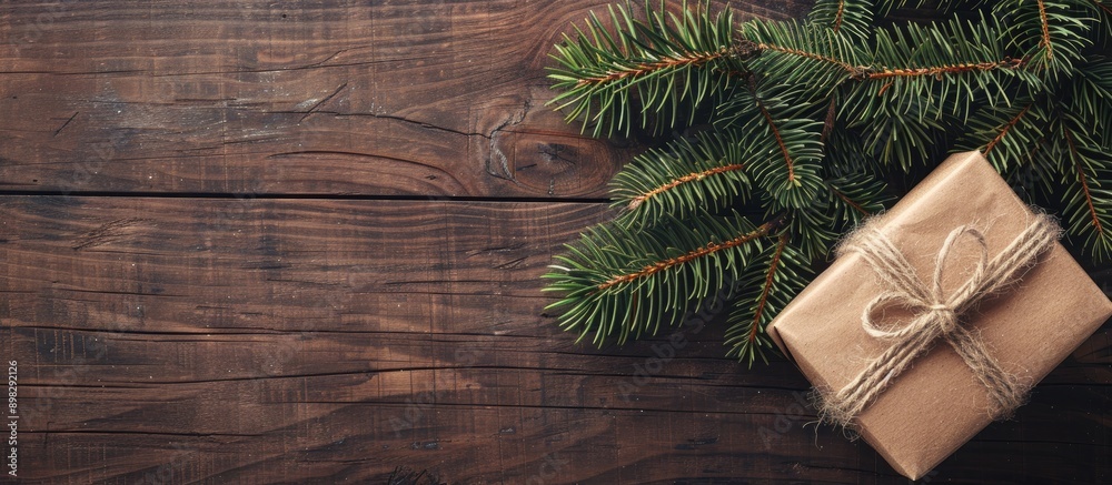 Fototapete a christmas present box sits beside a fir tree branch on a wooden table seen from above with room fo