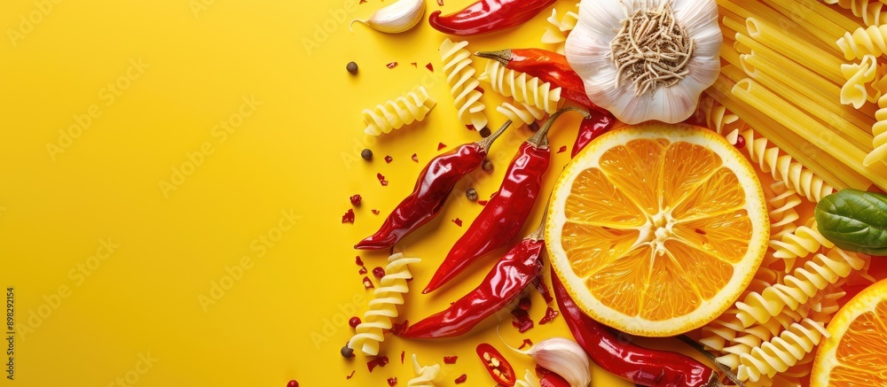 Sticker colorful ingredients for vegetarian food preparation like dried fusilli pasta red chili peppers oran