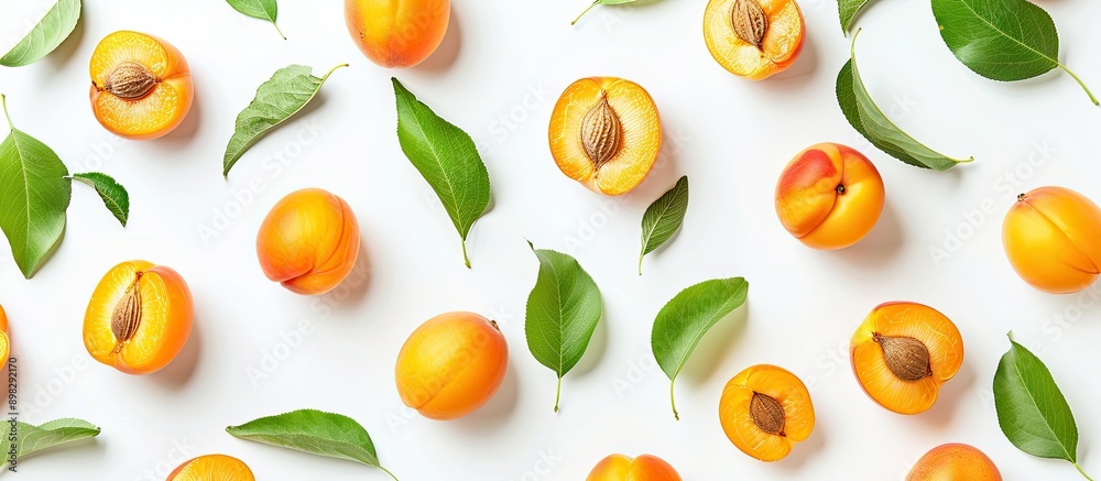 Poster apricot fruits with leaves isolated on a white background providing ample copy space in a top down f