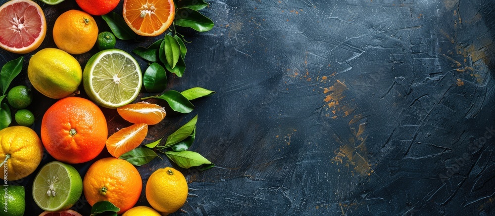 Poster Citrus fruits like tangerines lemons limes oranges and grapefruits arranged on a dark table with space for text in the image. Creative banner. Copyspace image