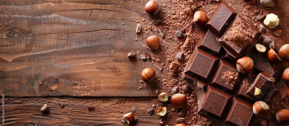 Aufkleber delicious milk chocolate topped with cocoa powder and hazelnuts on a wooden backdrop with copy space