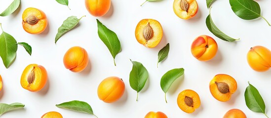 Apricot fruits with leaves isolated on a white background providing ample copy space in a top down flat lay pattern