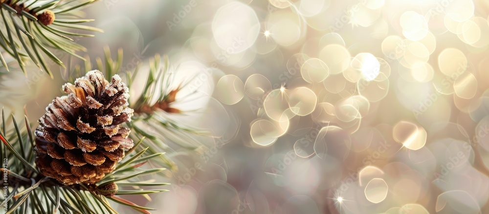 Poster Close up of a pine branch and cone on a blurry backdrop with copy space image available