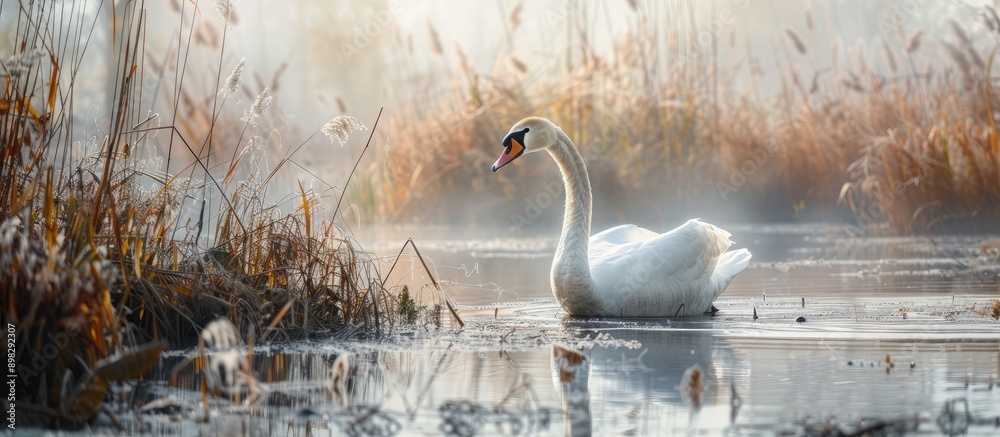 Sticker a detailed photo of a swan in the wetlands with copy space image