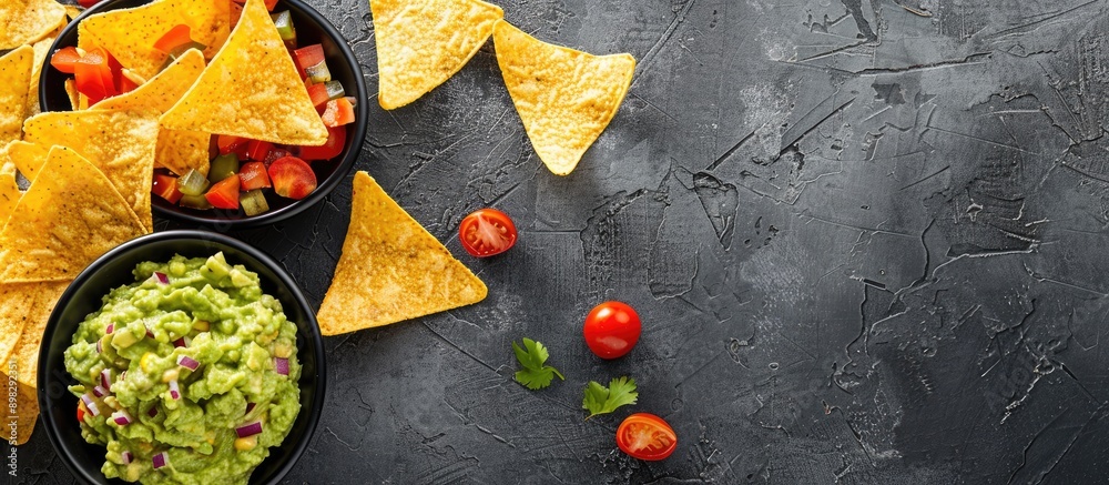 Poster top down view of nachos with guacamole displayed on a gray concrete surface perfect for a copy space
