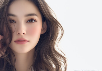 Fototapeta premium portrait of a woman lady asian japanese korean chinese model, closeup face with smile smiling expression, her hand is touching her head, perfect skin beauty poster