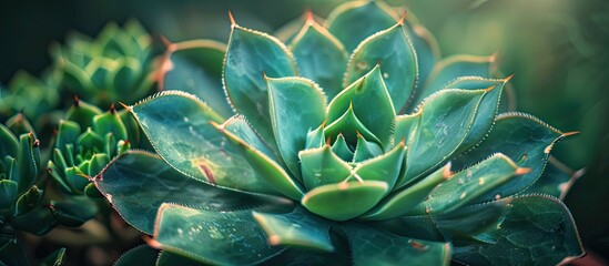 Fototapeta premium Close up view of a green cactus plant background with copy space image for text placement captured from top and side angles showcasing a succulent ornamental plant
