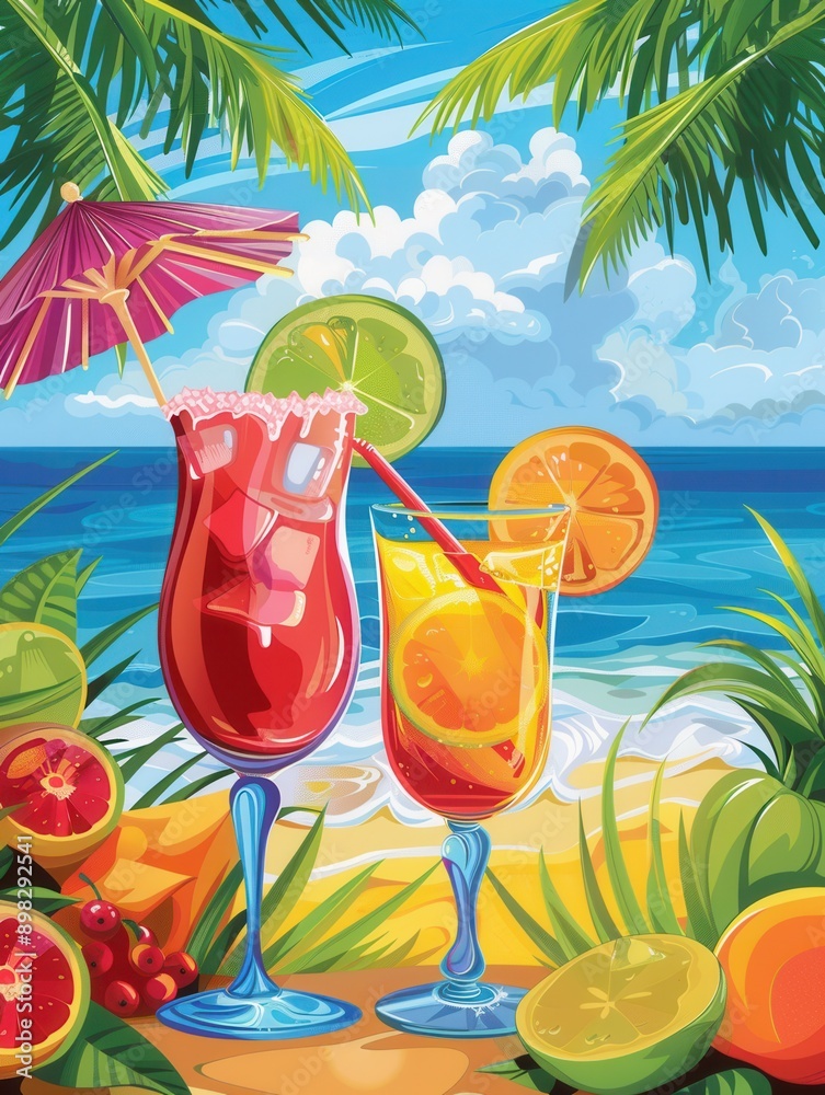 Poster two colorful cocktails with fruit garnishes and umbrellas rest on a beach with palm trees and the oc
