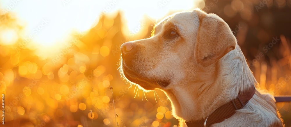 Poster adorable yellow labrador retriever outside in the sunshine with copy space image