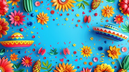 Festive Mexican decorations with colorful flowers, sombreros, and cacti on a bright blue background.