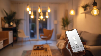 A set of smart light bulbs installed in a living room, adjustable via a smartphone app