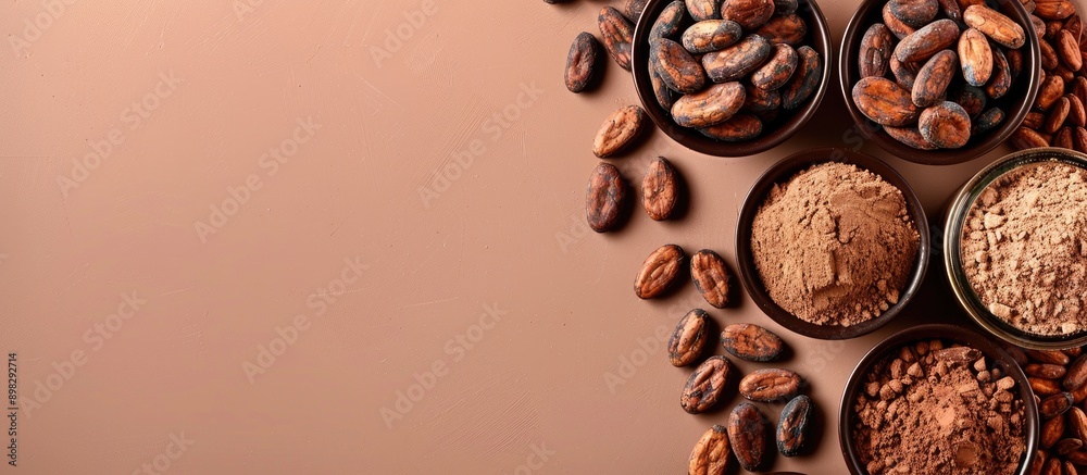 Aufkleber Cocoa beans powder and chocolate jars displayed on a bright background with room for a copy space image