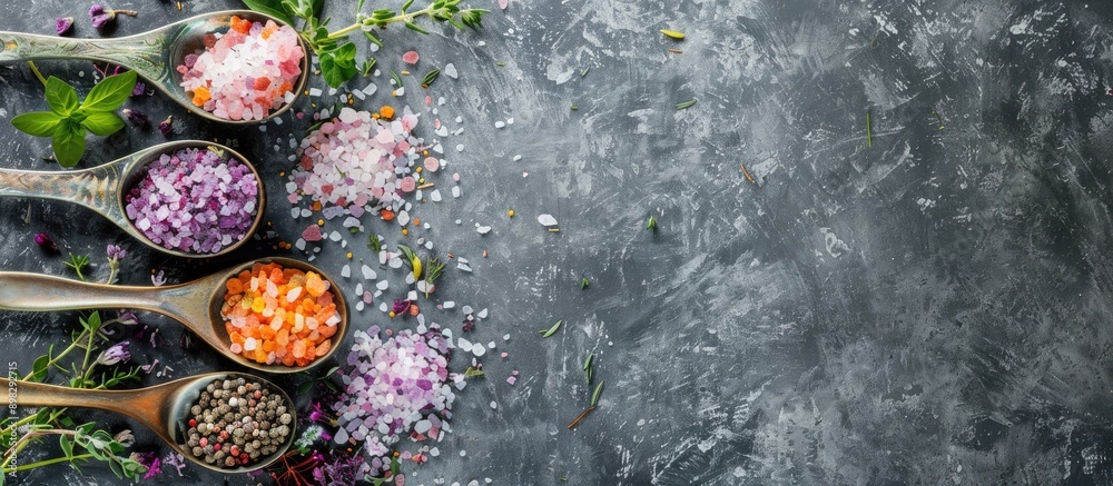 Poster top down frame with colorful spa salt filled spoons featuring herbs on a grey background allowing fo