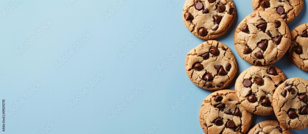 Aufkleber Chocolate chip cookies arranged on a blue backdrop with copy space image