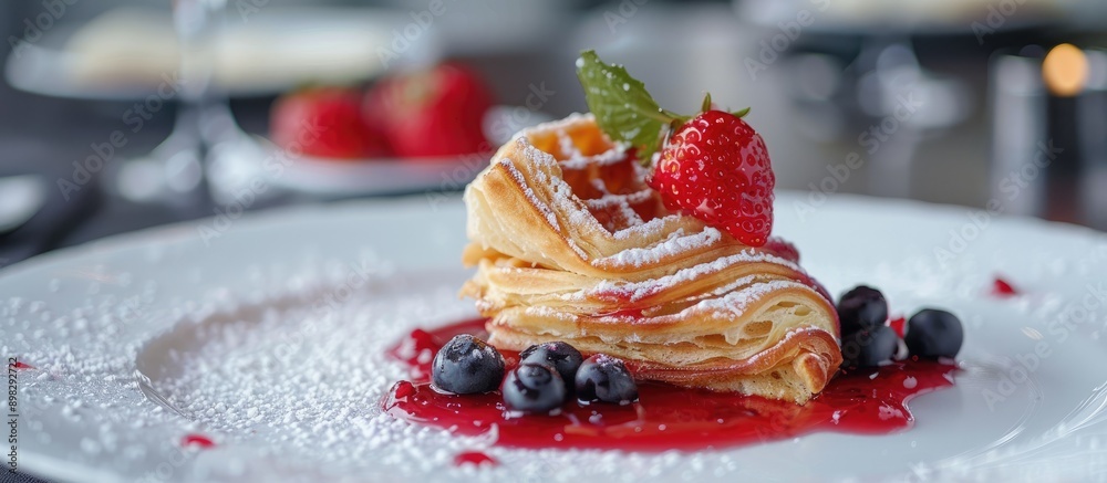 Poster close up of a croissant waffle known as a croffle garnished with strawberry and blueberry sauce on a