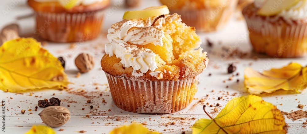 Poster a broken homemade apple cupcake with apple filling on a light background with yellow leaves evokes t