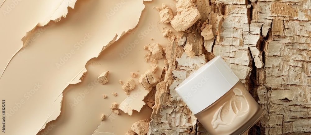 Aufkleber create a natural backdrop for cosmetics with a copy space image mixing tree bark and torn beige pape